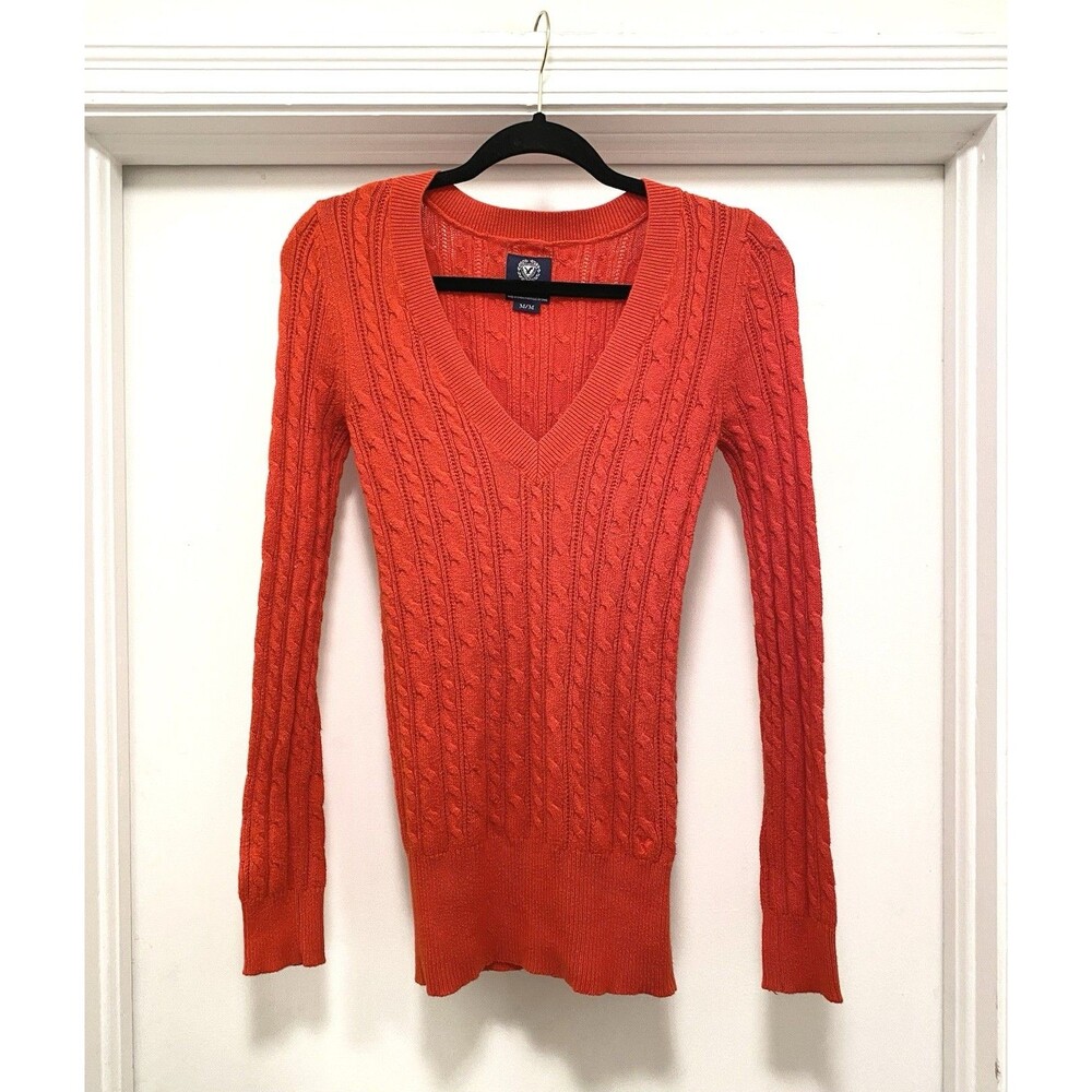 Y2K American Eagle Cable Knit V Neck Sweater Women’s Medium Elena Gilbert Preppy